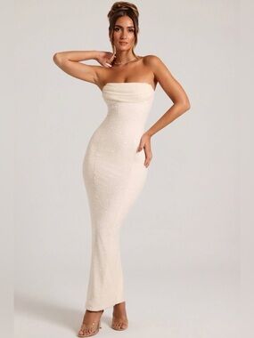 Oh Polly Palermo Embellished Strapless Maxi dress in Ivory